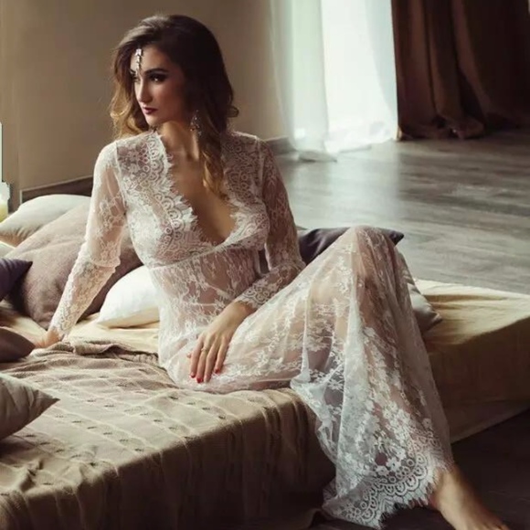 New Boho All Lace White Deep V Long Lingerie Dress - Picture 3 of 16